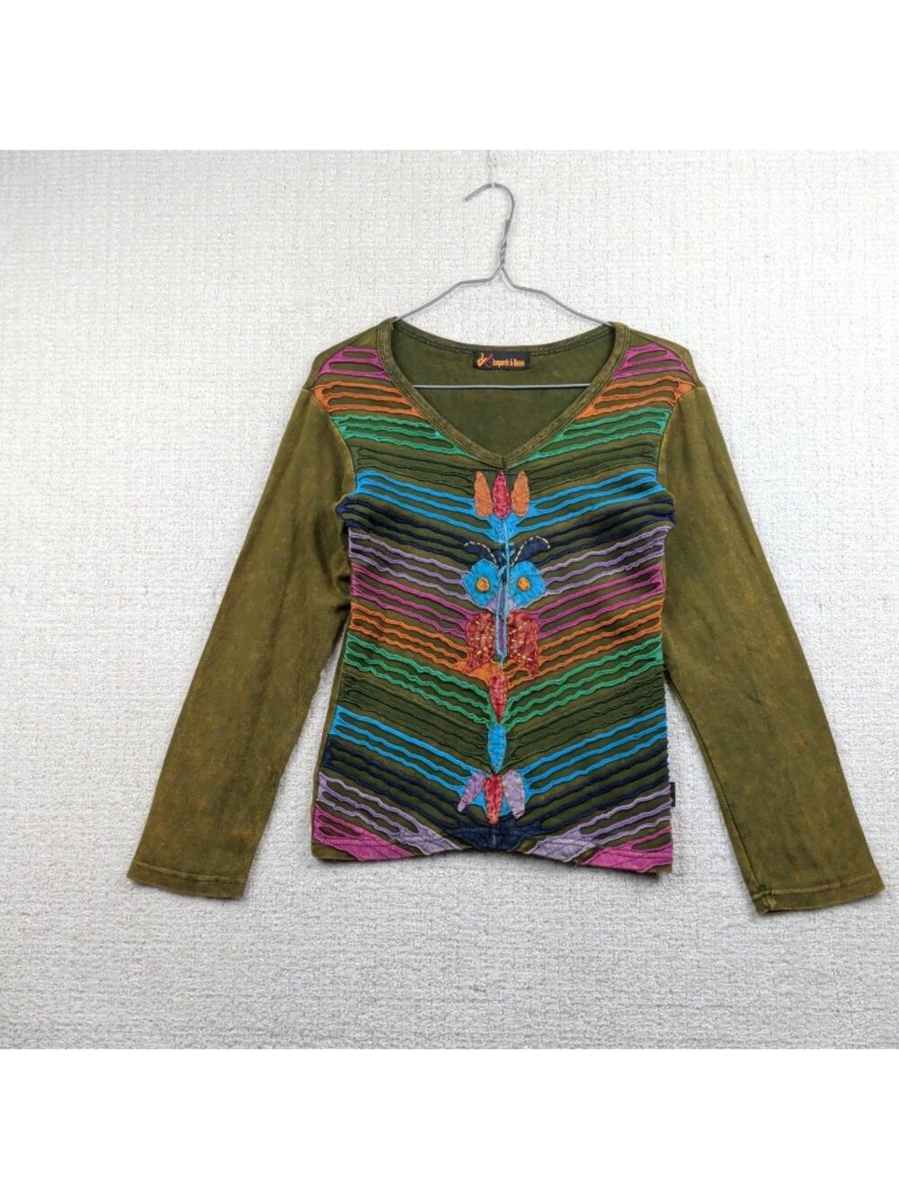 Leopards & Roses Nepal Long Sleeve Shirt Faded Olive Green Hippie Boho Sz S